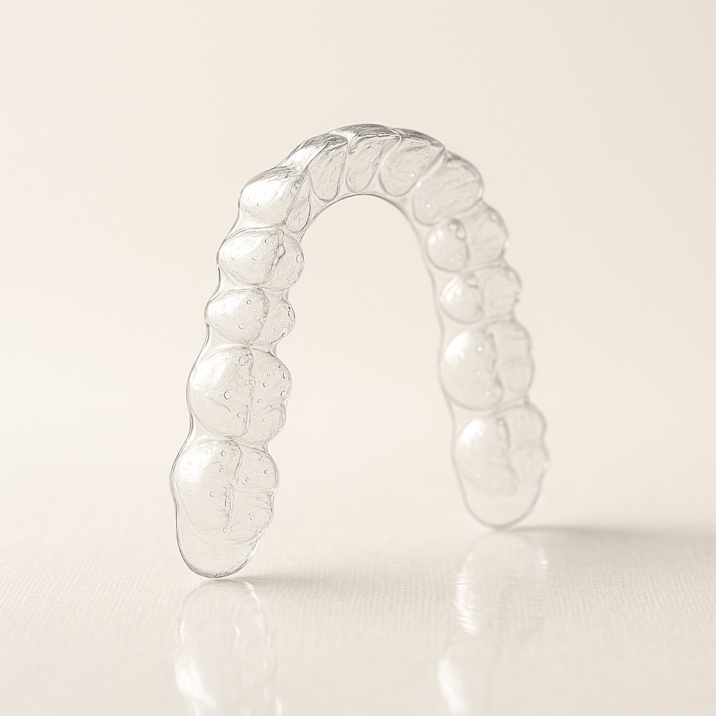 Helix clear aligner — Nivellipso product shot on cream linen